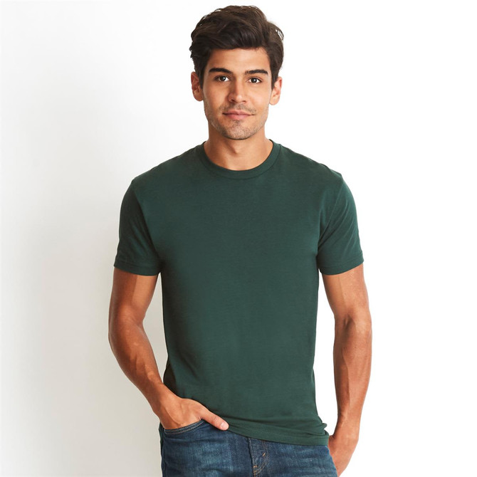 A green men's cotton crew t-shirt on a model, featuring a simple design and short sleeves.