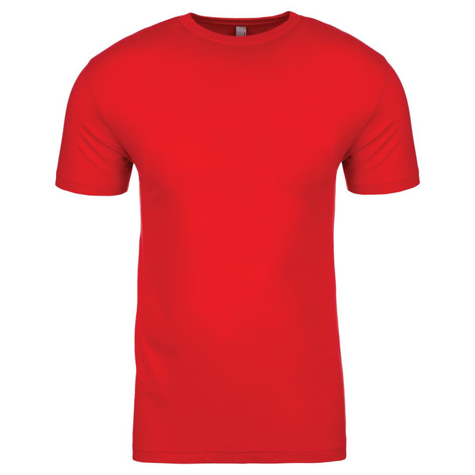 A red cotton crew t-shirt featuring short sleeves and a round neckline. It has a subtle logo on the side.