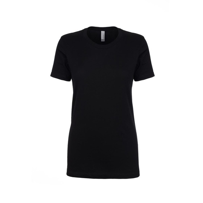 A black women's boyfriend tee with short sleeves and a round neckline, featuring a logo on the label.