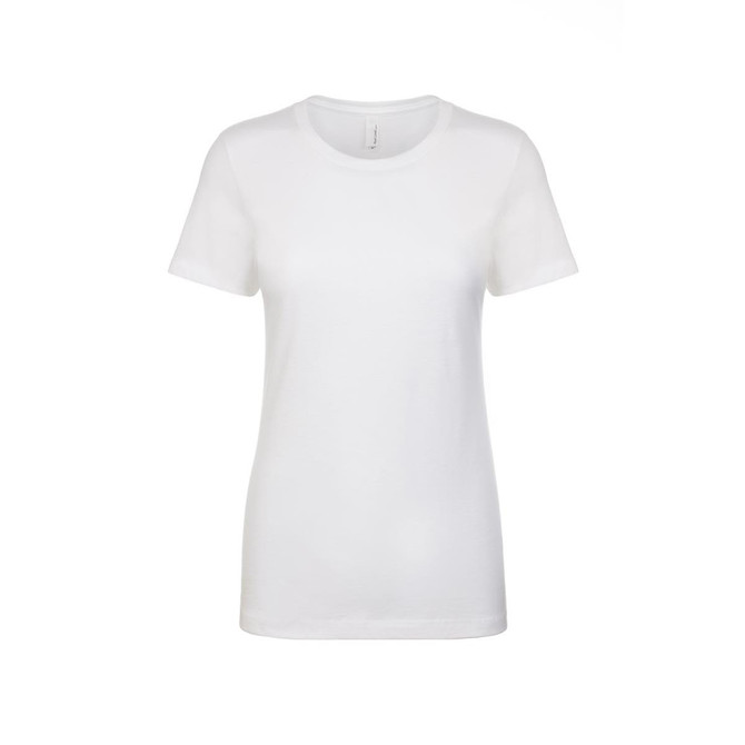 A white women's boyfriend tee with short sleeves and a classic crew neckline, featuring a logo.