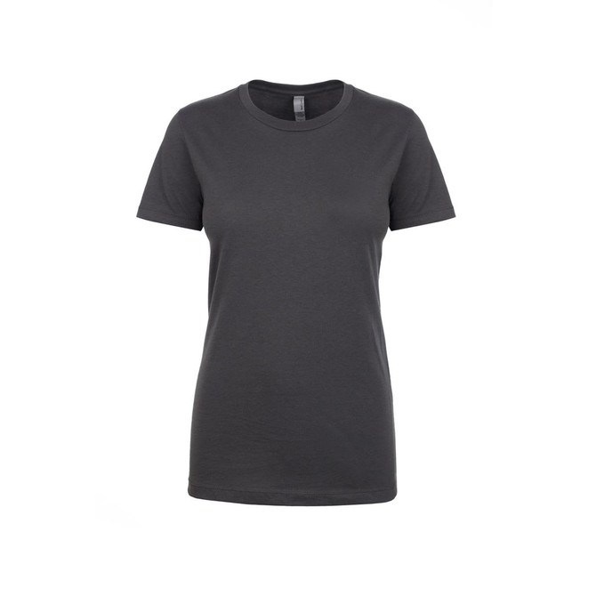 A dark grey women's boyfriend tee with a classic crew neck and short sleeves. It features a logo on the label.