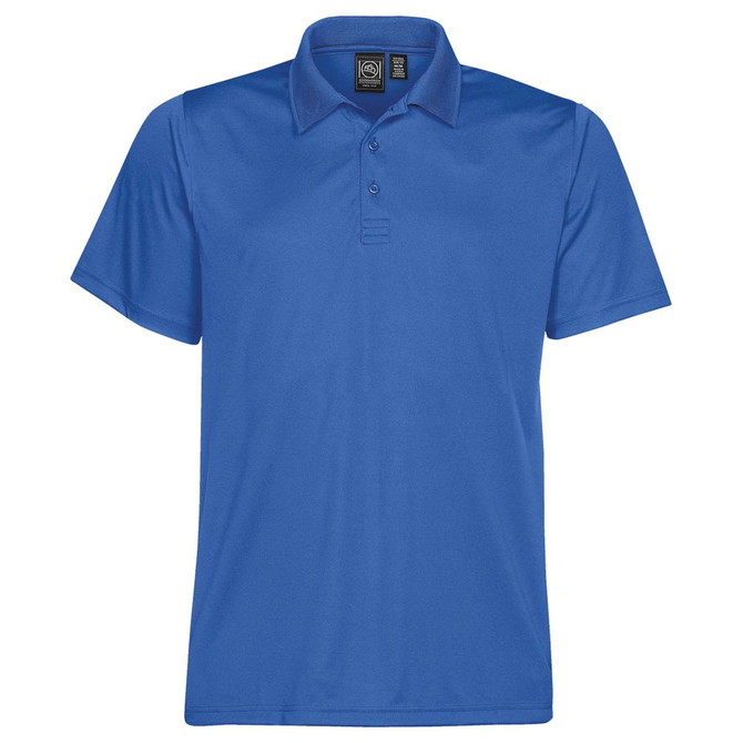 A blue men's polo shirt featuring a classic collar and a logo on the label.
