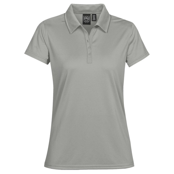 A light grey women's polo shirt with a collar and a logo on the label. Short sleeves and a fitted design.