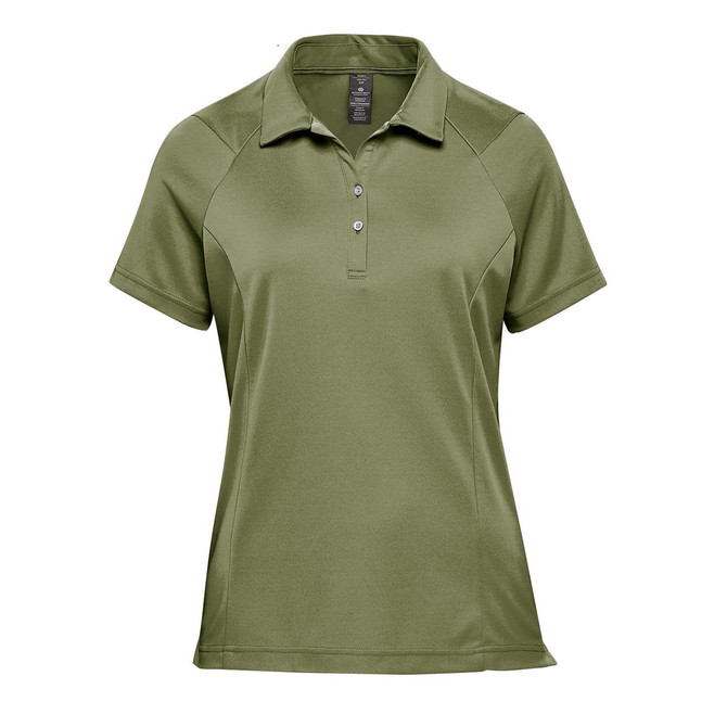 A green women's polo shirt with a collar, buttons, and short sleeves. It features a logo on the front.