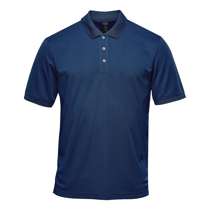 A navy blue short-sleeve polo shirt with a collar and three buttons, featuring a logo on the chest.