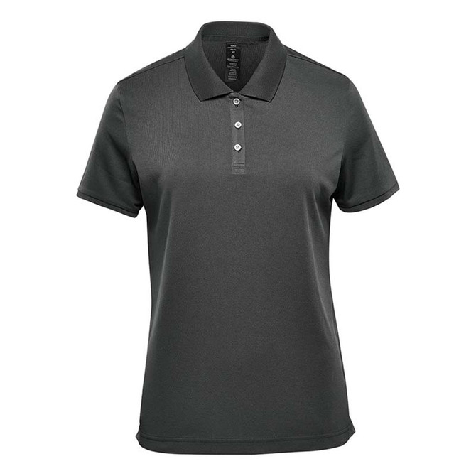 A women's polo shirt in dark grey, featuring a collar and three buttons, with a logo on the chest.