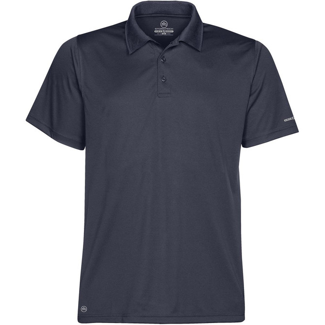 A dark navy polo shirt with a collar and short sleeves, featuring a logo on one sleeve.