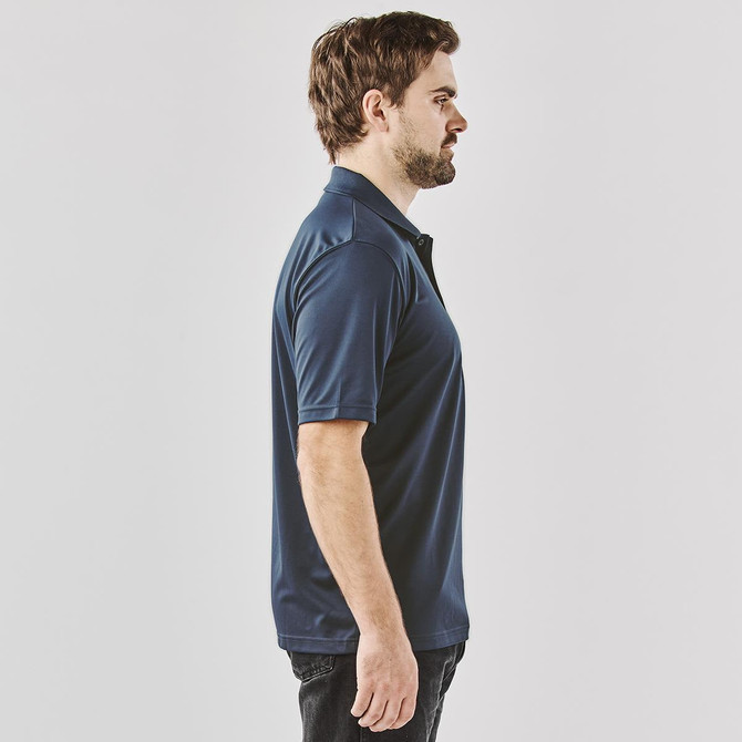 Men’s Phoenix H2X-Dry Polo in navy, featuring a side view of a model wearing the shirt. Includes branding.