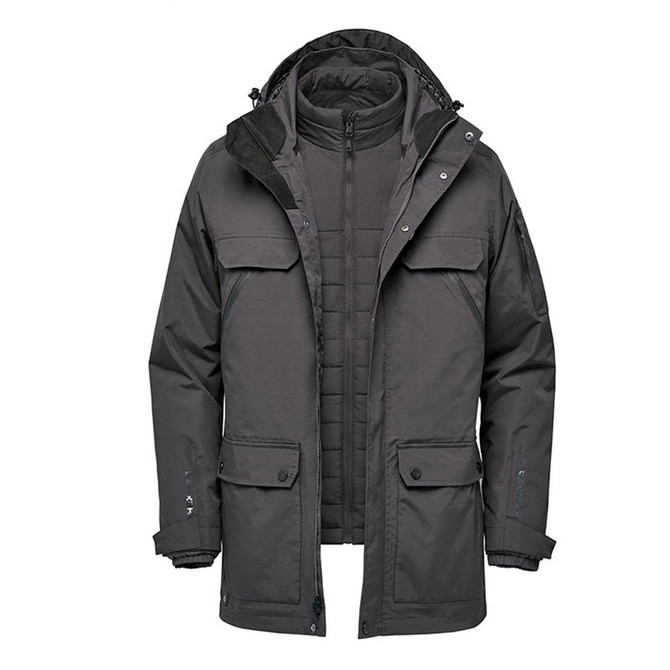 A grey Men's Fairbanks 5-in-1 System Jacket with multiple pockets and a removable inner layer.