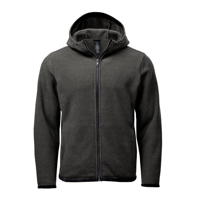 A green fleece hoody with a zip front and a hood, featuring a logo on the chest area.
