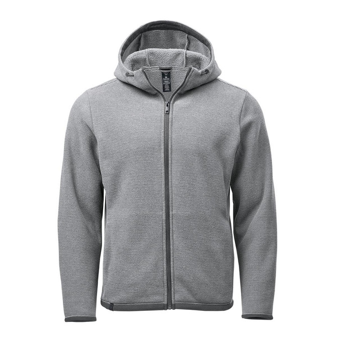 A grey fleece hoody with a zip-up front, long sleeves, and a hood. It features a logo on the front.