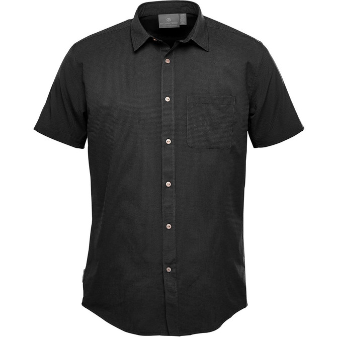 A black short-sleeve button-up shirt featuring a pocket and a logo.