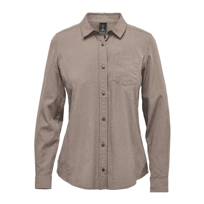 A women's long-sleeve button-up shirt in a light brown shade, featuring a single chest pocket and a logo.