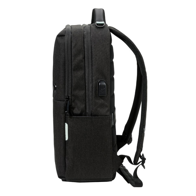 A dark grey backpack with padded straps, featuring multiple compartments and a logo on the side.