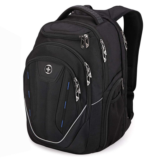 A black Swissdigital Terabyte Backpack features multiple zippers and compartments, with a logo on the front.