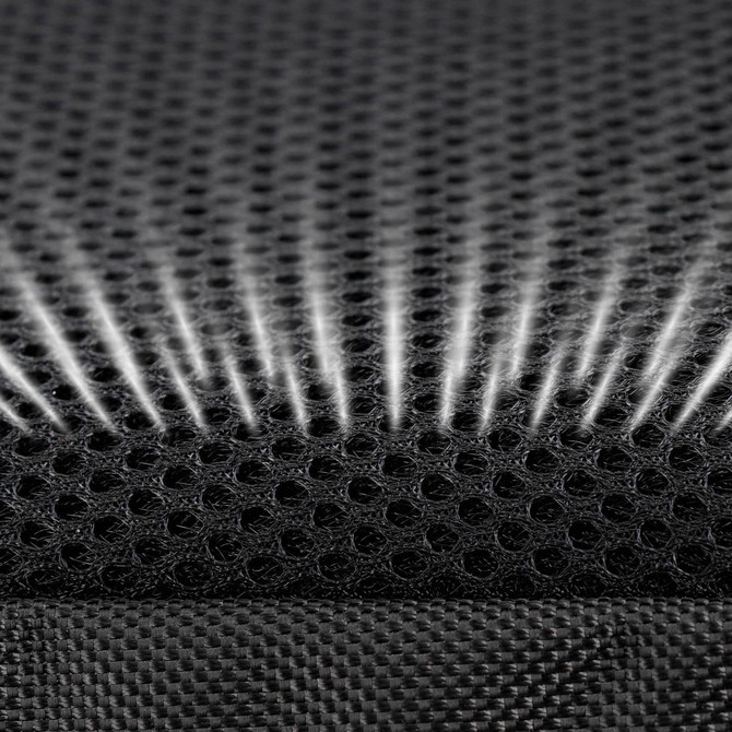 A close-up view of a textured black fabric featuring a mesh pattern, ideal for backpacks.