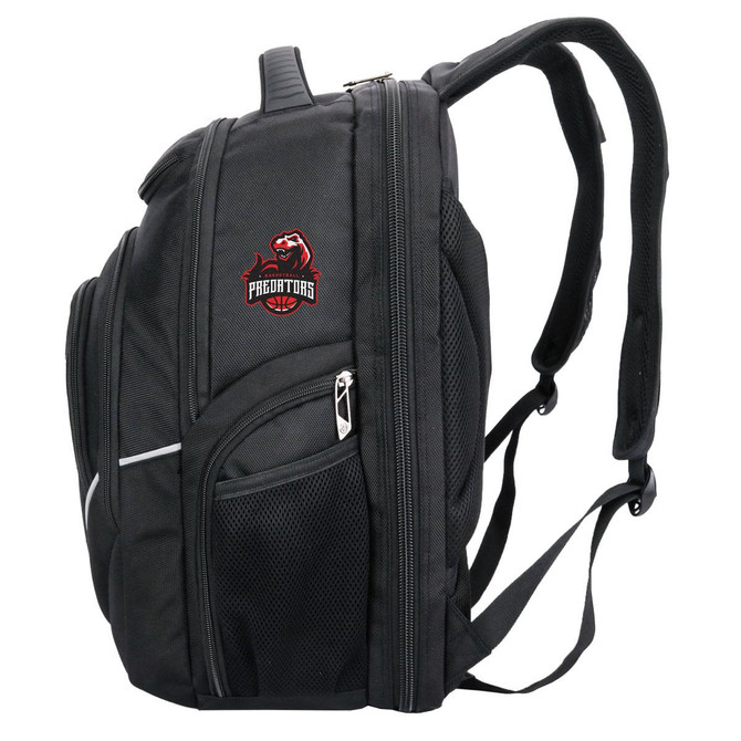A black backpack with multiple compartments and a logo. It features padded shoulder straps for comfort.