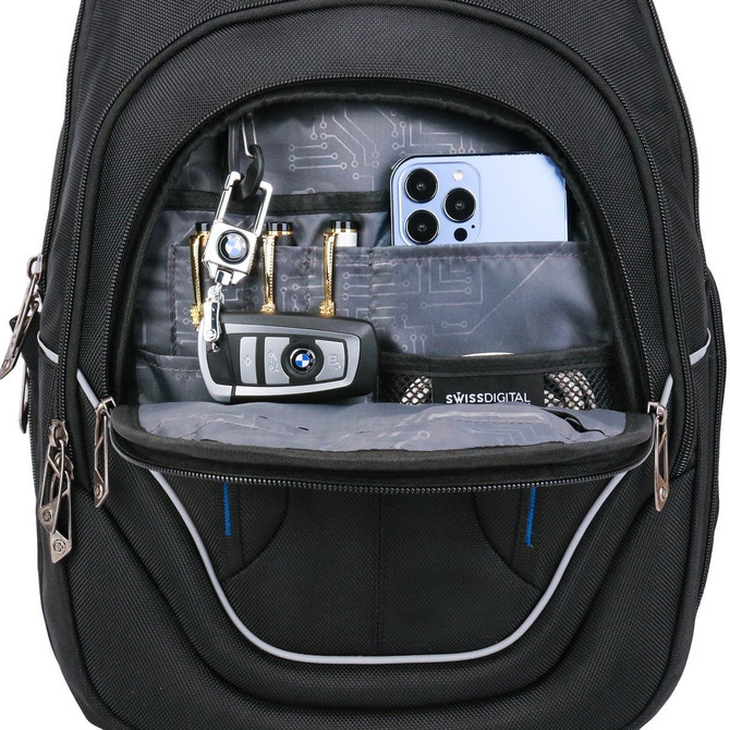 A black backpack with multiple compartments, containing a mobile phone, keys, and small items. It features a logo.