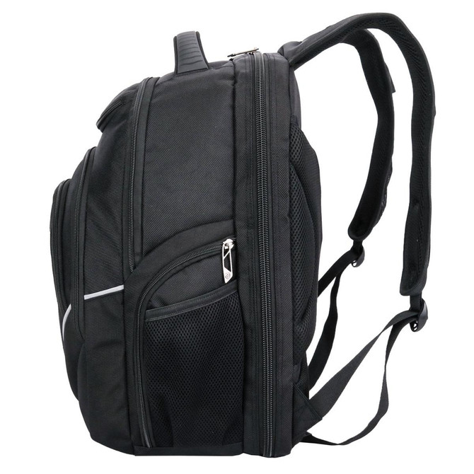 A black backpack with multiple compartments and adjustable straps, featuring a logo on the front.