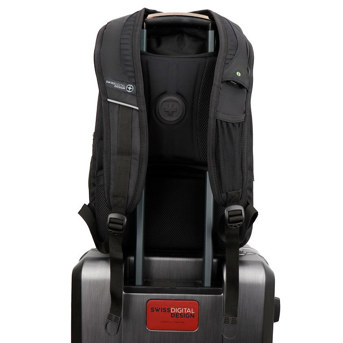 A black Swissdigital Terabyte Backpack is displayed, featuring padded straps and a built-in handle for easy transport.