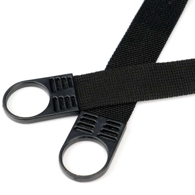 Black straps with round loops, featuring a textured grip. Suitable for various securing or fastening purposes.