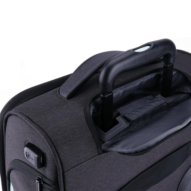 A wheeled underseat luggage bag in grey with a telescopic handle and exterior branding.