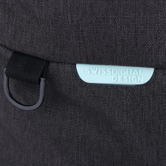 A black duffle bag featuring a branded tag, showcasing a textured fabric design and a metallic clip.