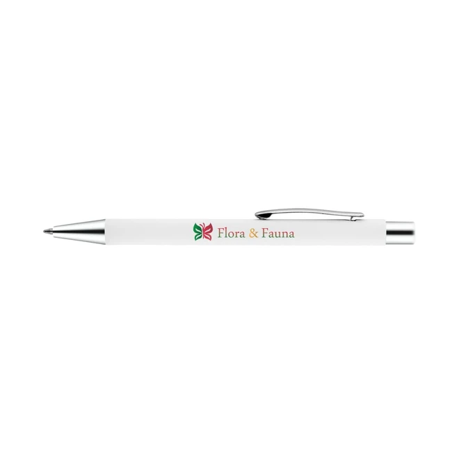 A metal pen in white with chrome accents, featuring a logo. Ideal for writing.