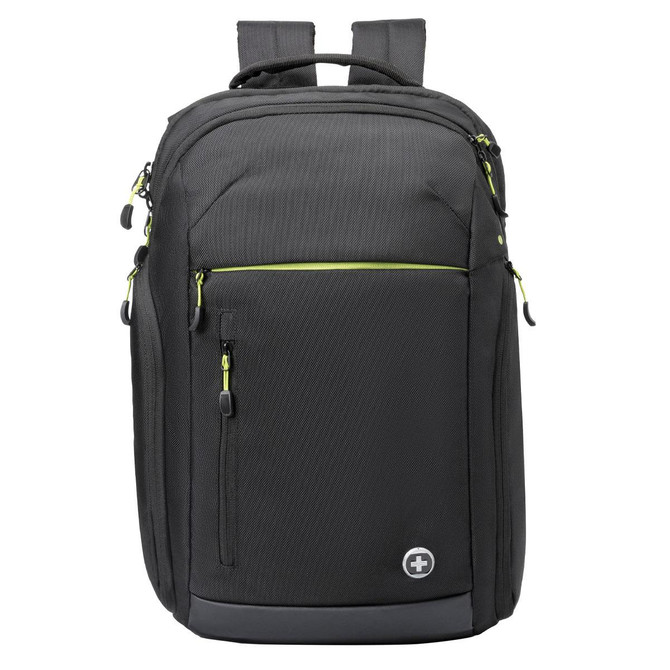 A black Swissdigital Java backpack featuring multiple zippered compartments and a branding logo.