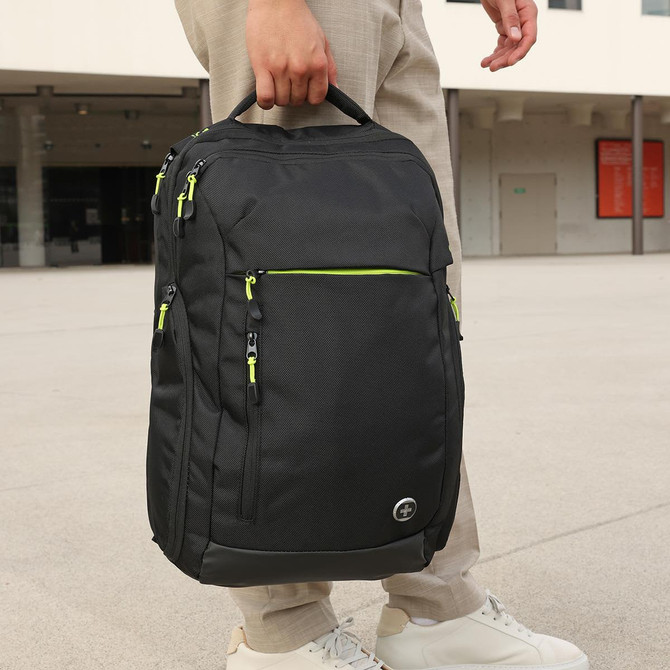 A black backpack with green zips and accents, featuring multiple compartments and a logo.