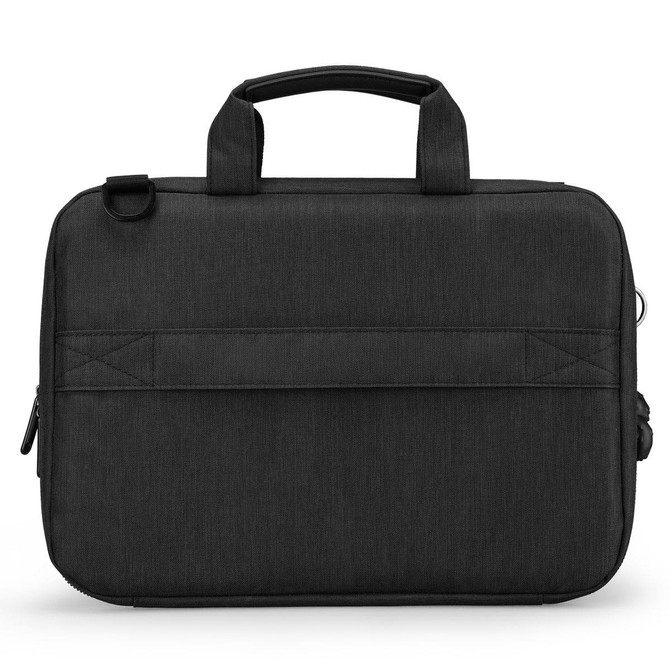 A black laptop sleeve with a handle and zipper, featuring a textured fabric and branding logo.