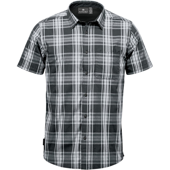 A short-sleeved button-up shirt in a black and white plaid pattern, featuring a pocket and a logo.