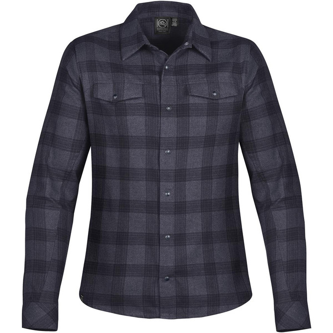 A button-up shirt in black and grey plaid with a snap front and two chest pockets. It features a logo tag.