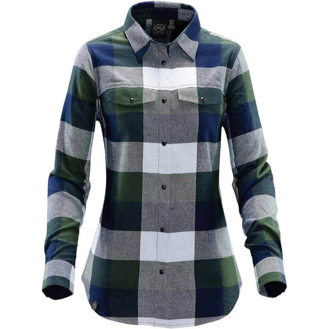 A women's button-up shirt in a blue, green, and grey plaid pattern with a snap front and two chest pockets.