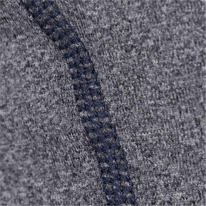 A close-up of a grey fabric featuring a navy seam detail, showcasing a textured design. The item has a branding logo.