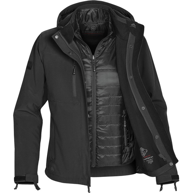 A black women's jacket featuring a 3-in-1 design with a removable inner layer and a logo on the sleeve.