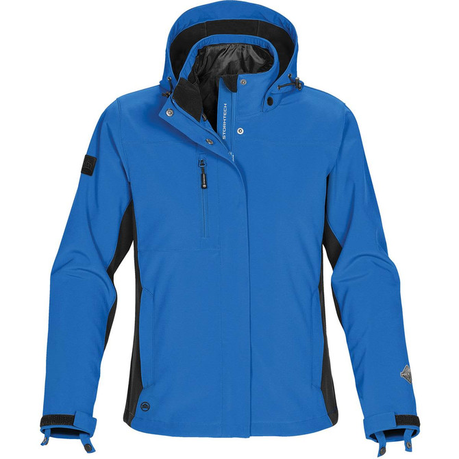 A blue and black jacket showcasing a hood and multiple zippered pockets. Features a logo on the sleeve.