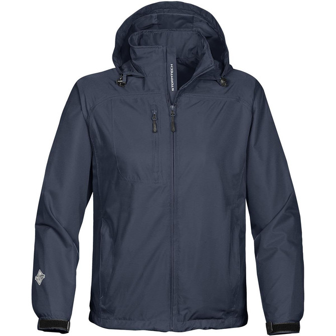 A lightweight men's rain jacket in navy blue with a hood and zippers, featuring a logo.