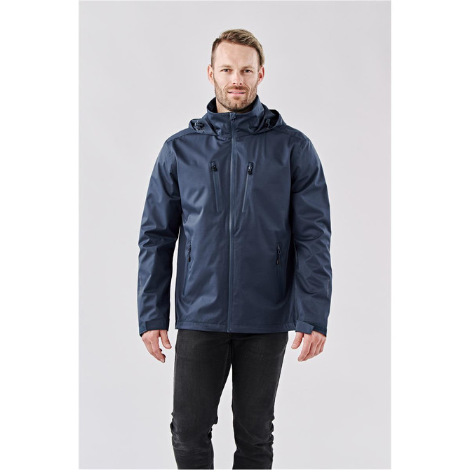 A men's lightweight rain jacket in navy blue with a hood, featuring two front pockets and a logo.