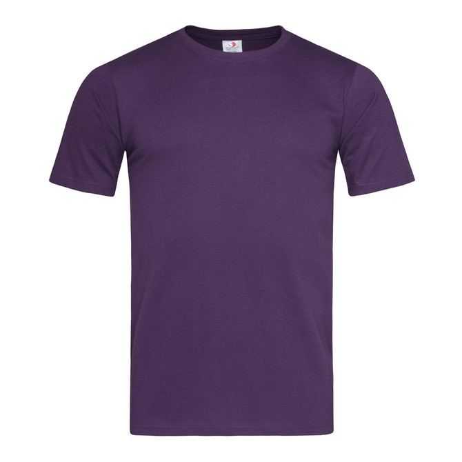 A purple fitted T-shirt featuring short sleeves and a logo on the label.