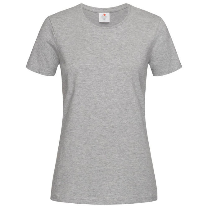 A grey women's heavyweight comfort T-shirt with a crew neck and short sleeves, featuring a branding label.