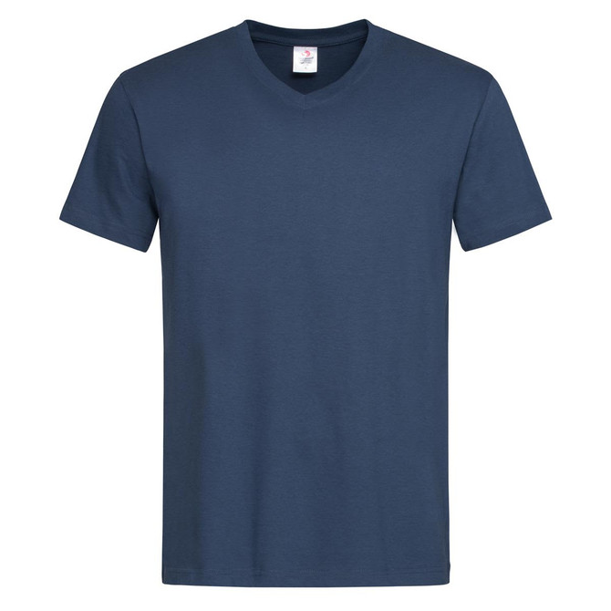 A navy blue men's classic V-neck T-shirt with short sleeves and a tag inside. It features a small logo on the label.