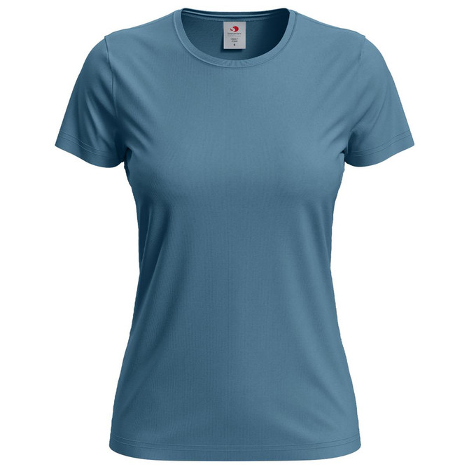 A women's classic T-shirt in a soft teal colour with a plain design and a logo on the label.