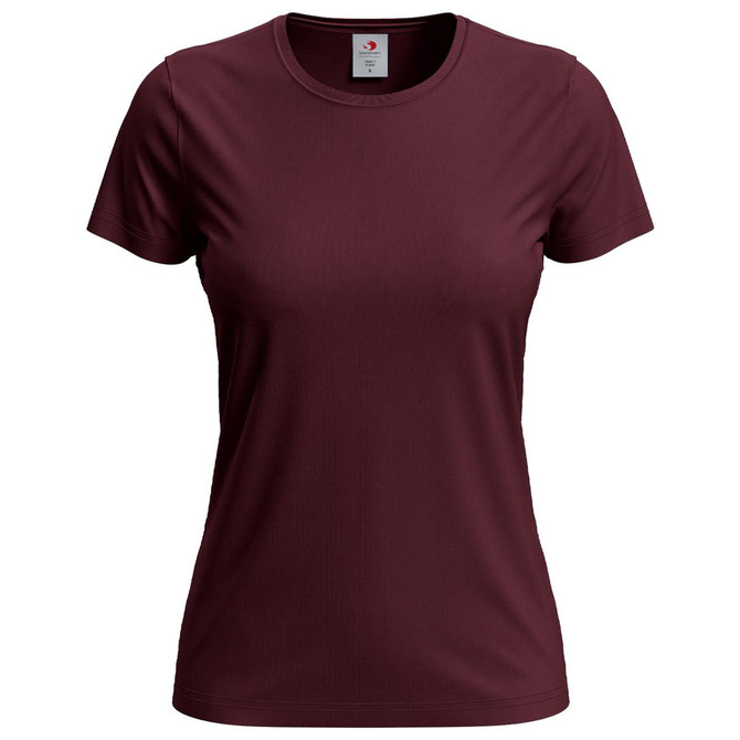 A maroon women's classic T-shirt with short sleeves and a round neckline, featuring a logo on the label.