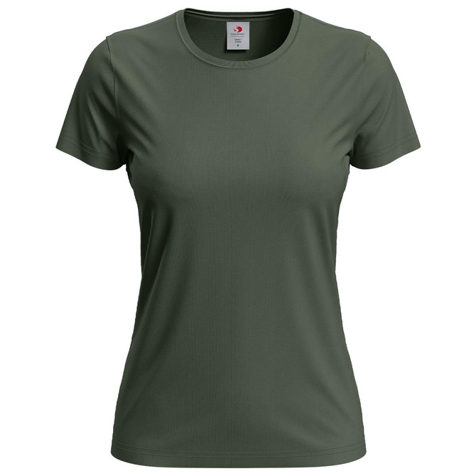 A green women's classic T-shirt with a round neckline and short sleeves, featuring a logo on the label.