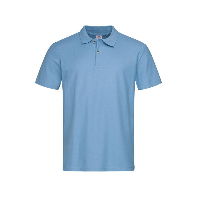 A light blue heavyweight polo shirt with a collar and three buttons, featuring a logo.