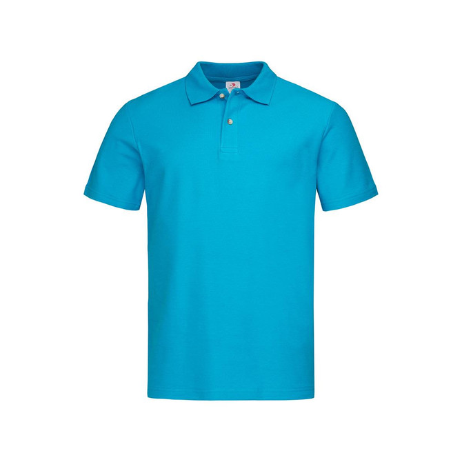 A turquoise men's heavyweight polo shirt featuring a collar and short sleeves, with a logo on the chest.