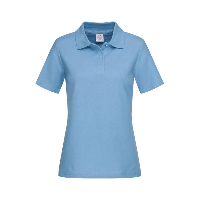 A light blue women's heavyweight polo shirt featuring a classic collar and short sleeves. It includes a logo.