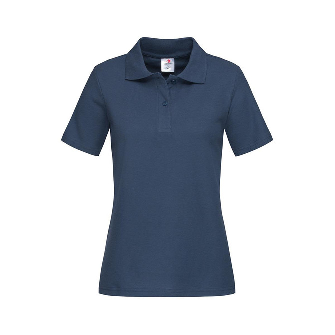 A navy women's heavyweight polo shirt with short sleeves and a collar, featuring a logo on the front.