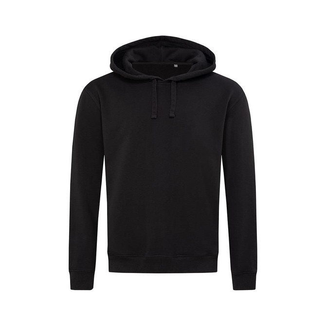 A black unisex sweat hoodie featuring a front pocket and drawstring hood. It has a simple, modern design and includes a logo.